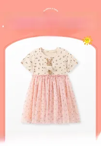 Detail of floral toddler dress with 3D bunny applique and layered pink tulle mesh skirt