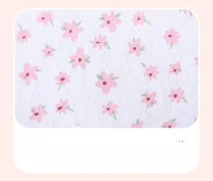 Detailed close-up of soft cotton knit fabric with cute pink floral print for girls