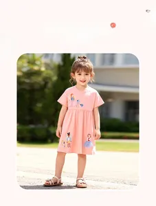 Robe rose pour filles à manches courtes avec broderie cartoon et détail tutu en tulle