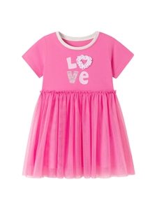 Robe rose à manches courtes pour fille avec imprimé LOVE et jupe tutu en tulle