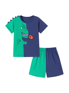Boys' summer cotton outfit featuring a blue-green dinosaur t-shirt and matching shorts set