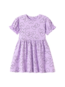 Short sleeve light purple summer dress for girls with black heart print and ruffle detail