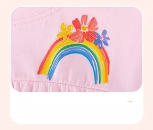 Close-up of rainbow and floral heat-transfer print on pink cotton girls' top