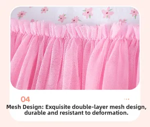 Detail of the pink double-layered tulle skirt and soft floral cotton fabric stitching