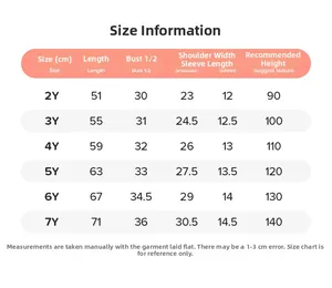 Size chart for girls bunny tulle dress with measurements for ages 2 to 7 years