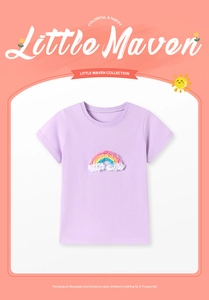 Close-up of girls purple cotton T-shirt featuring 3D textured rainbow patchwork embroidery