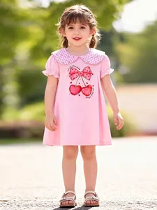 Robe en Coton Rose d'Été pour Filles Imprimé Cerise Nœud Col Claudine Manches Bouffantes Mignonne Robe de Princesse Décontractée