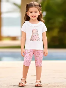Mädchen Sommer Baumwolle Kurzarm T-Shirt Und Blumen Kaninchen Druck Hose Top Und Leggings Set Für Kleinkinder Kinder Süßer Westlicher Stil