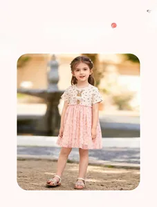 Cute girls floral dress with 3D bunny applique and pink tulle tutu skirt for summer