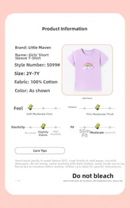 Detail of 100% cotton girls' short sleeve tee with rainbow embroidery and soft fabric
