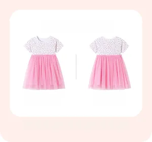 Front and back view of girls' short sleeve dress with pink floral top and layered tutu skirt