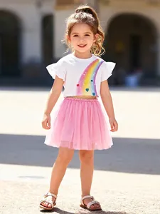 Ensemble d'Été pour Petite Fille T-Shirt en Coton Arc-en-Ciel à Volants et Jupe Tutu en Mesh Ensemble 2 Pièces Vêtements pour Enfants