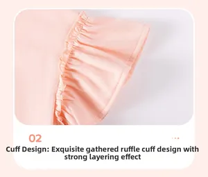 Close-up of pink ruffled sleeve detail on a girl's summer dress with pleated texture
