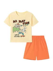 Ensemble été fille en coton avec t-shirt éléphant jaune et short décontracté orange