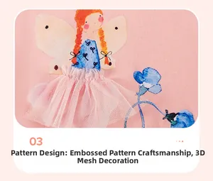 Détail de la robe rose pour fille avec motif fée et décor en tulle 3D