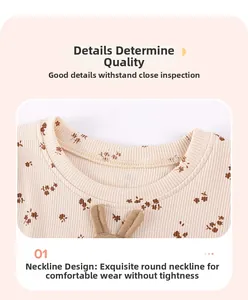 Close-up of girls floral dress neckline featuring cute 3D bunny ears and ribbed knit texture
