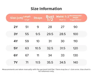 Size chart for girls summer strap dress showing measurements for ages 2Y to 7Y