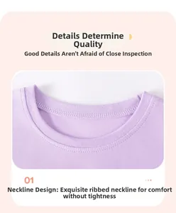 Detail of the soft purple cotton t-shirt featuring a durable ribbed neckline for kids