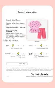 Infographie du ensemble fille en coton rose avec motif coccinelle et détails du tissu