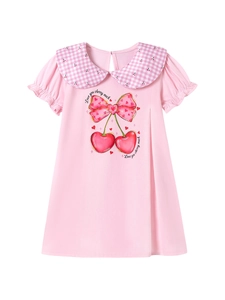 Robe rose à manches courtes pour filles avec motifs cerise et joli col à carreaux vichy