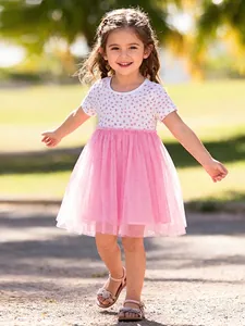 Girls Summer Floral Tulle Dress Short Sleeve Cotton Princess Patchwork Tutu Dress For Children Kids Party Everyday Wear