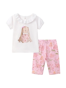 Kleinkinder Mädchen Sommerset mit Kaninchen-Oberteil und floraler rosa Leggings