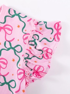 Robe rose pour enfants en coton avec manches à volants et motifs nœuds colorés