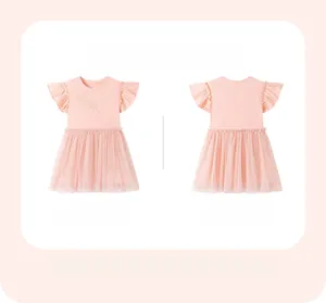 Detailed front and back views of girls pink cotton dress with mesh skirt and golden bow