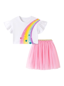 Ensemble d'été 2 pièces pour filles avec t-shirt arc-en-ciel blanc et jupe en tulle rose