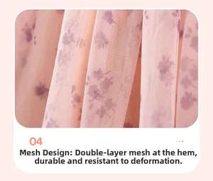 Detail of pink double-layer tulle mesh with purple floral prints and pleated hem design