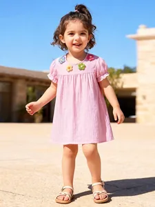 Girls Summer Dress Short Sleeve Polyester Princess Dress With Colorful Crochet Flowers Textured Fabric For Kids Daily wear