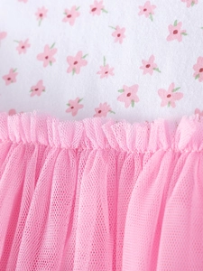 Short sleeve girls' floral cotton top with multi-layer pink tulle skirt dress