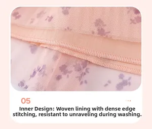 Detailed macro view of girls' dress showing floral woven lining and reinforced edge stitching