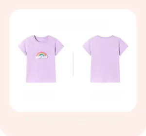 Front and back view of girls' light purple cotton T-shirt with rainbow embroidery