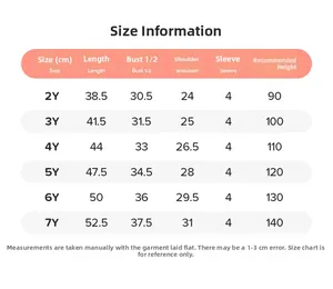 Detailed size chart for girls summer t-shirt showing measurements for ages 2 to 7 years