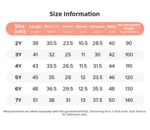 Detailed size chart for girls summer cartoon striped outfit set including 2Y to 7Y sizes