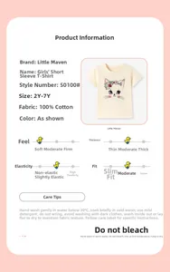 Detailed size chart and 100% cotton fabric specs for girls' cute cat print summer t-shirt
