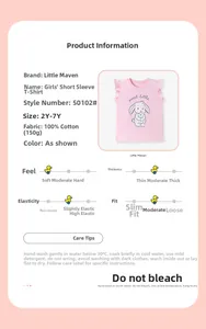 Detailed size chart and fabric specs for pink cotton girl's t-shirt with rabbit print