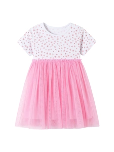 Short sleeve summer dress for girls featuring floral cotton top and pink tulle skirt