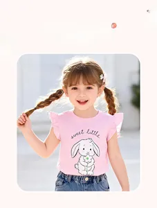 Detail of girls' pink cotton t-shirt featuring ruffle sleeves and a sweet rabbit print