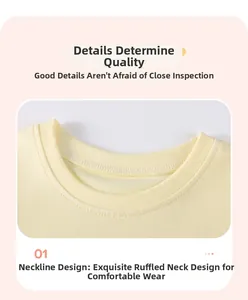 Close-up of ribbed crew neck on soft yellow cotton t-shirt for girls with neat stitching