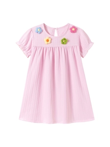 Pink short sleeve summer dress for girls with textured fabric and crochet flowers