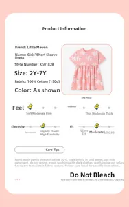 Tableau des tailles pour robe en coton rose pour fille avec motifs de chats et soins