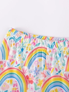 Girls' summer cotton short set with elastic waistband and colorful floral rainbow print