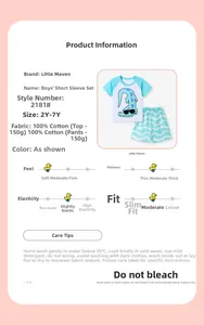 Detail specifications of boys' cotton T-shirt and shorts set with blue dinosaur pattern