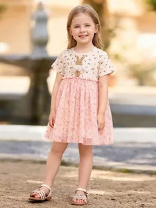 Girls Sweet Patchwork Splicing Dress Cute Tulle Mesh Floral Printed Summer Clothing With 3D Bunny Ornament For Children