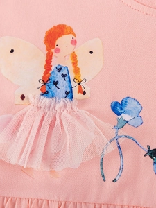 Robe rose pour filles à manches courtes avec imprimé fée et détails en tulle 3D