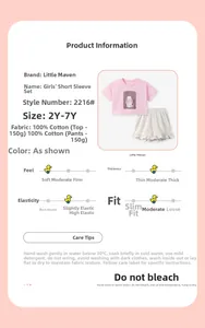 Detailed size chart and specifications for girls 100% cotton rabbit summer outfit