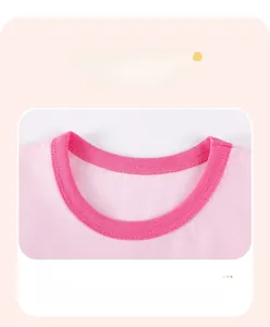Detail of pink cotton t-shirt neckline with ribbed trim and durable double-stitch seams