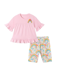 Pink girl summer cotton set with rainbow floral embroidery and daisy print shorts